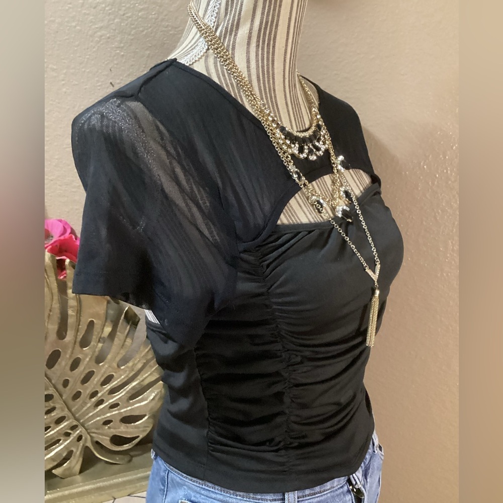 CIDER Elegant Black Ruched Mesh Top - Picture 2 of 9